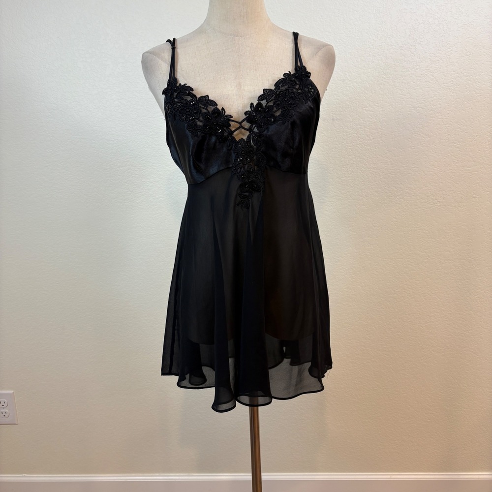 Expressions Nightie Women M Black Vtg Y2K Sheer Babydoll Slip Romantic whimsical